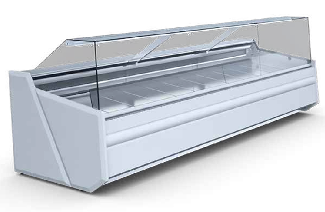 Igloo Luzon serve-over counter with curved glass front and multiplexable design for deli and fresh food presentation