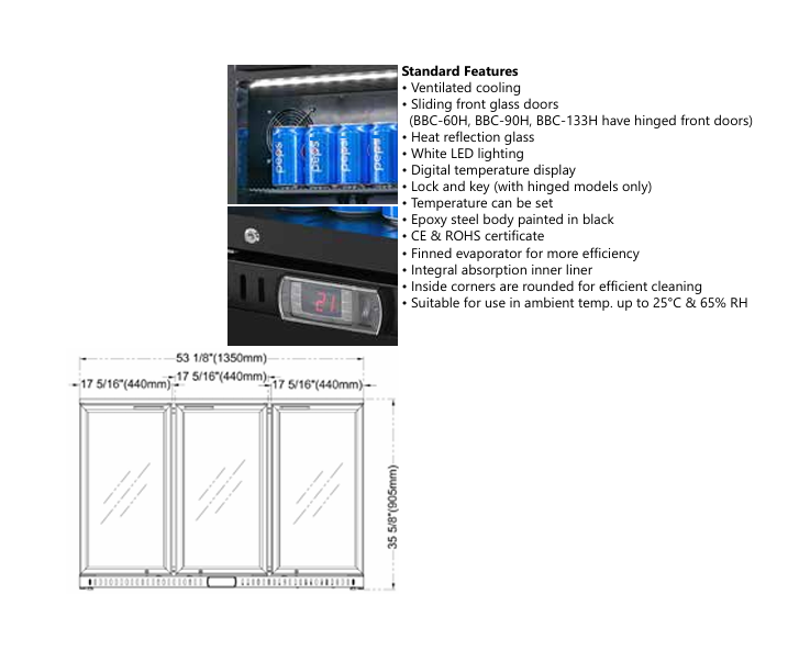 Artikcold back bar cooler hinged doors specs for UK bars — refrigeration performance and capacity details.