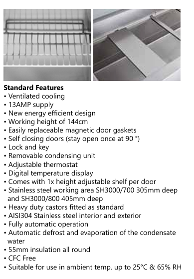 Stainless steel refrigerator with features listed on a white background
