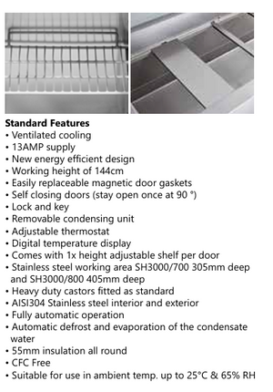 Stainless steel refrigerator with features listed on a white background