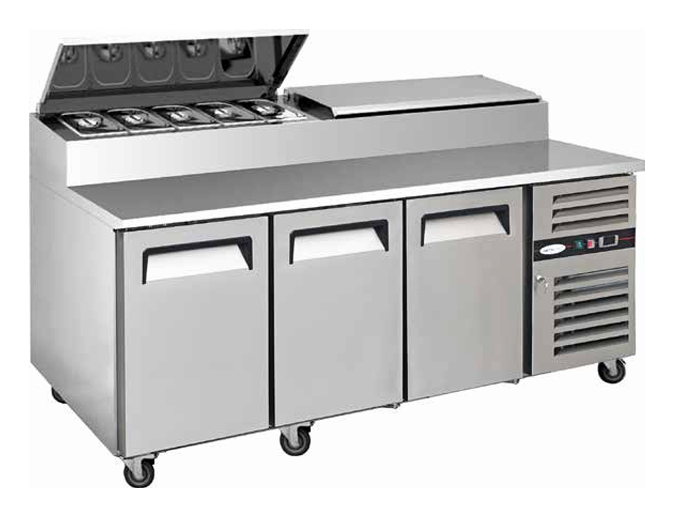 Artikcold commercial pizza prep counter with granite surface and under-counter refrigeration for busy kitchen environments