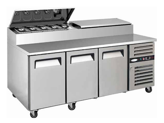 Artikcold commercial pizza prep counter with granite surface and under-counter refrigeration for busy kitchen environments