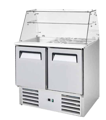 Artikcold glass top saladette for UK catering kitchens — refrigerated salad prep counter with glass display cover.
