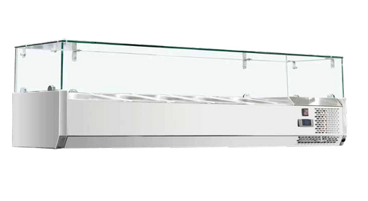 Artikcold VRX glass-top refrigerated prep display for storing and showcasing salad ingredients