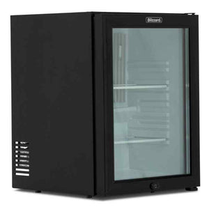 Blizzard Black Single Glass Door Mini Bar – silent energy-efficient beverage cooler for British hotels guest rooms and catering spaces