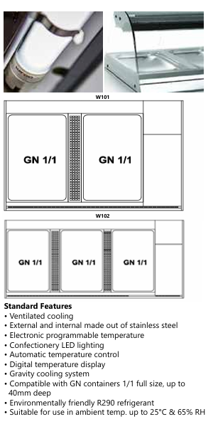 Specification sheet showing cooling range and internal layout for Igloo cold curved glass display cabinet