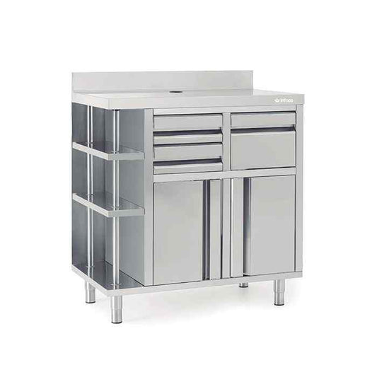 Infrico Back Bar Coffee Storage Unit (Left or Right Shelves, 1000mm Range) – stainless-steel espresso support station for UK cafés and hotels