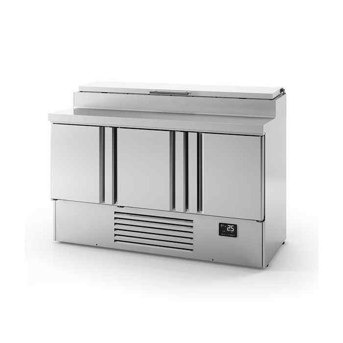 Infrico Compact Refrigerated Counter with Raised Collar (2–3 Door Range) – durable stainless-steel worktop refrigeration for nationwide UK supply