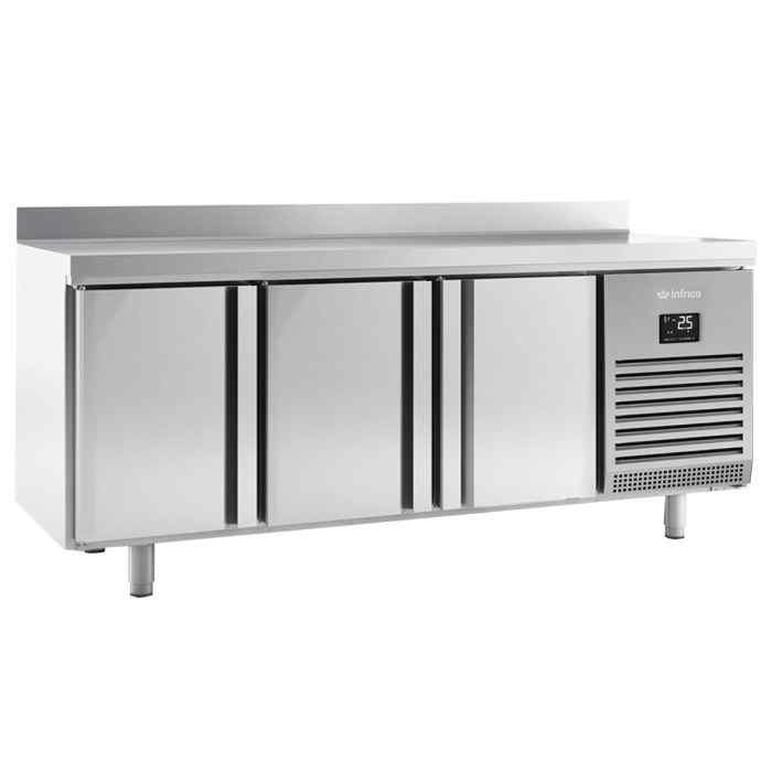 Infrico Refrigerated Counter with Upstand (2–4 Door Range) – durable stainless-steel worktop refrigeration for UK foodservice operations
