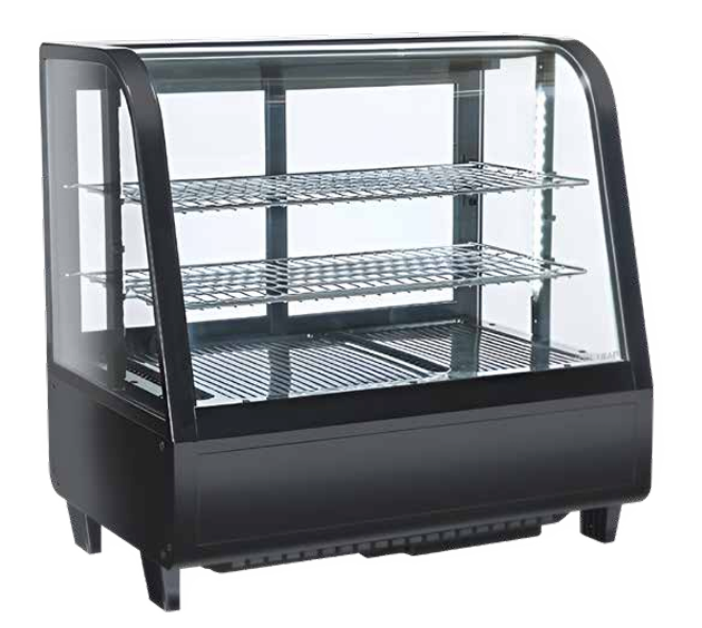 Master cold curved glass countertop display for chilled food and dessert presentation