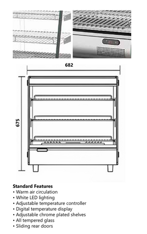 Technical drawing showing heating specs and size dimensions of the Master CTM980 hot curved glass display